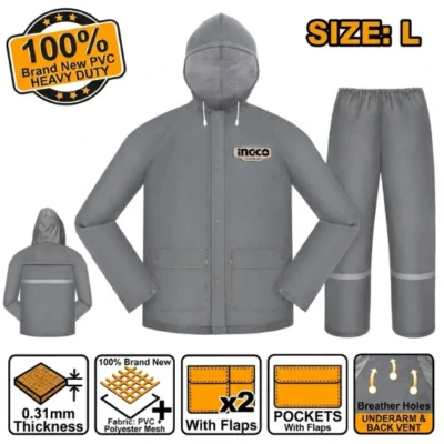 INGCO HRCTSKT031GY.L  PVC طقم مطري Industrial Rain Coat Suit Set w/ Zipper and Pocket 100% NEW PVC Size: L