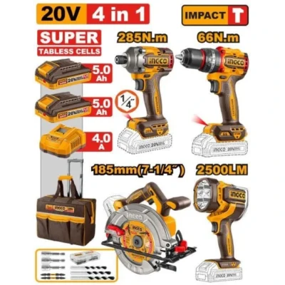 INGCO COSLI260695 20V 2Batt 4Ah + Bag   مجموعة مقدح +وز+منشارصدر+بروجكتور Cordless combo kit