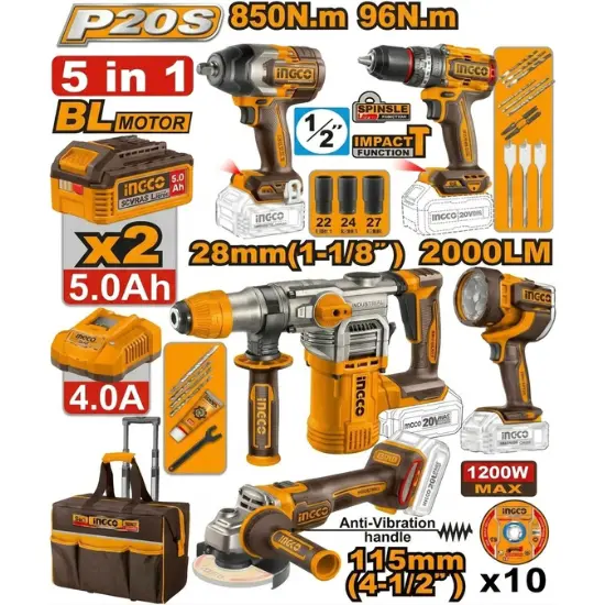 INGCO COSLI251193 20V Bag مجموعة كومبرسور تكسير وبرم +مقدح+فرد شد +صاروخ+انتريك Cordless Industrial Combo Kit