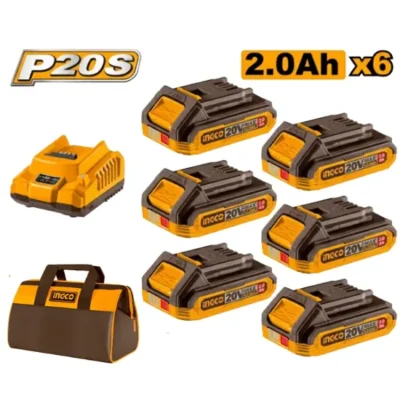 INGCO FBCLI20611 20V 2Ah 6 PCS مجموعة بطاريات مع شاحن Lithium-Ion Battery and Charger Kit