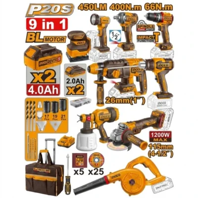 INGCO FKCKLI2098 20V 9 Pcs مجموعة عدة صناعية مع  4 بطاريات وشنطة واكسسوار Cordless Industrial Combo Kit 4 Batteries