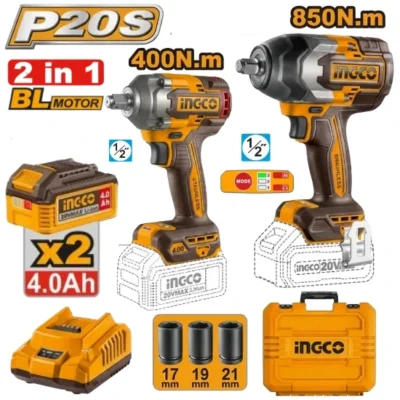 INGCO FKCOSLI240489  20V 2Pcs 2Batt+Char+Box مجموعة فرد شد عزق 850 & 400 نيوتن Cordless Impact Wrench Combo 2 in 1