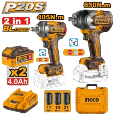 INGCO FKCOSLI240490  20V 2Pcs 2Batt+Char+Box مجموعة فرد شد عزق 850 & 405 نيوتن Cordless Impact Wrench Combo 2 in 1